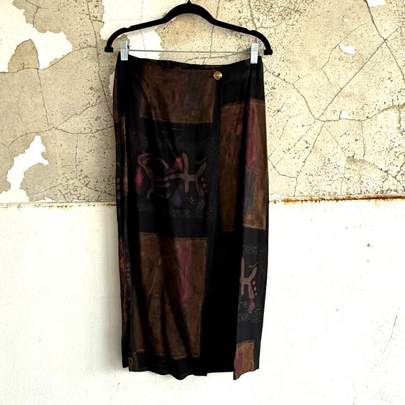 Vintage Midi Skirt Abstract Art Print 90s Rayon USA Made Artsy Boho Minimalist S - Picture 1 of 7